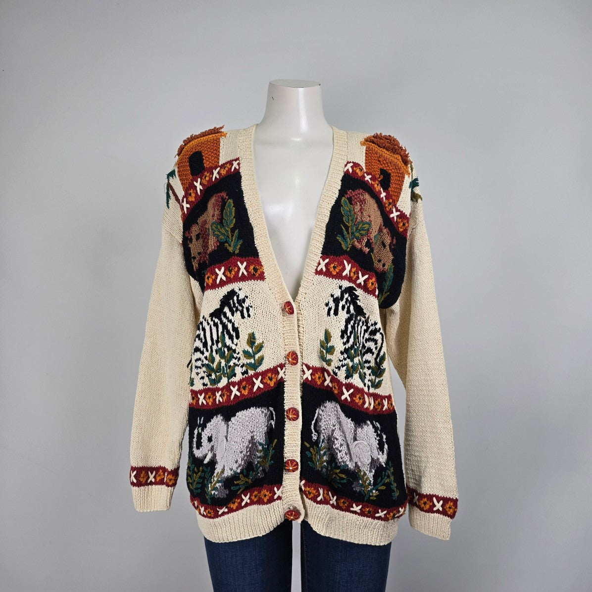 Vintage Marisa Christina Safari Cream Cotton Knit Cardigan Sweater Size XL