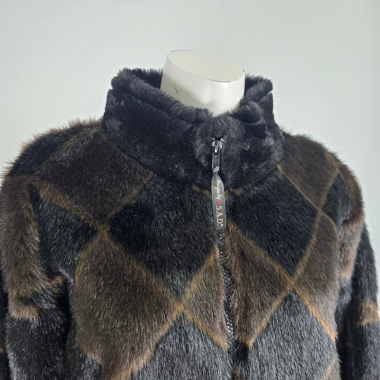 Design By S.A.D Brown Faux Fur Argyle Print Jacket Size 2XL