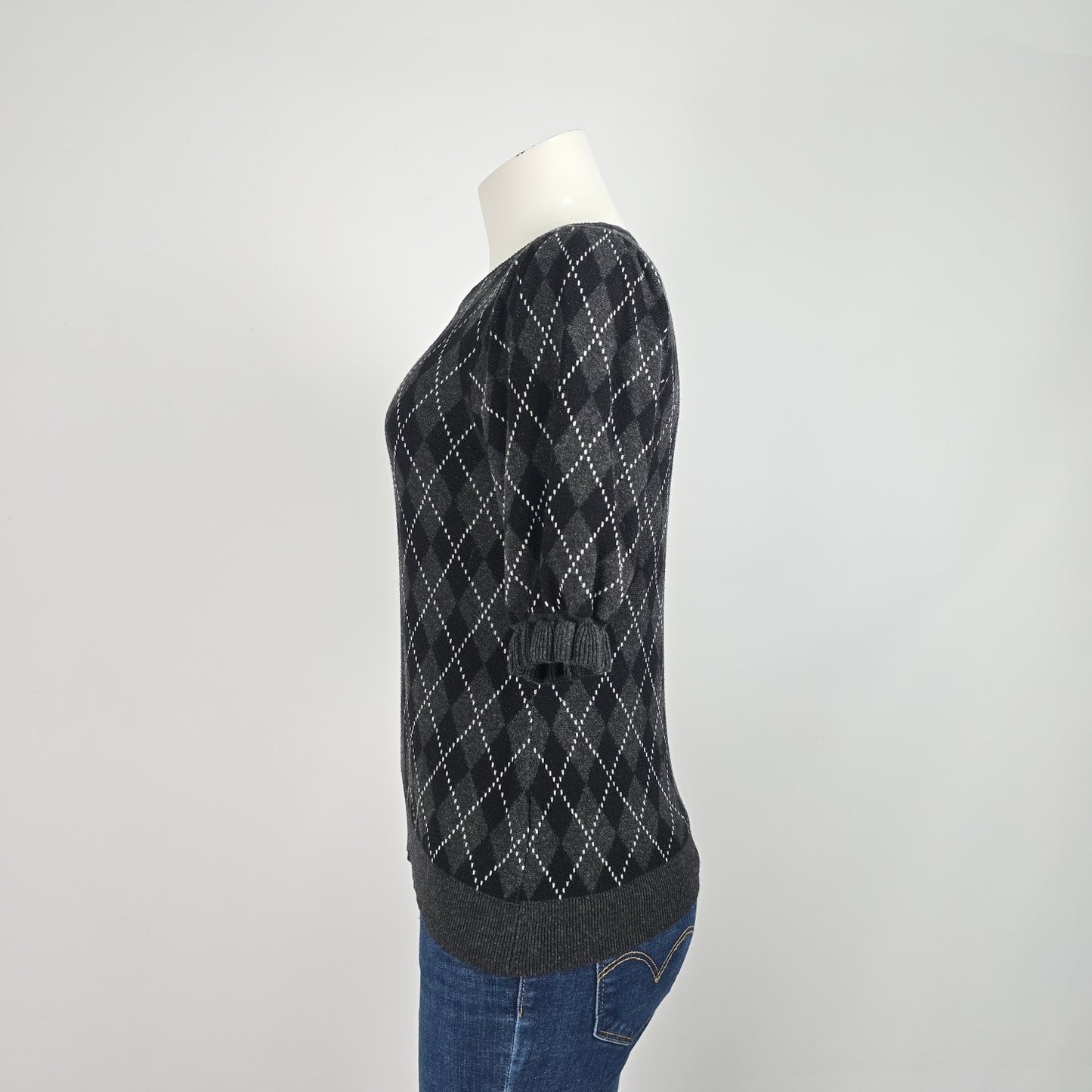 Kaily K Black Argyle Print Knit Frill Sleeve Sweater Size M