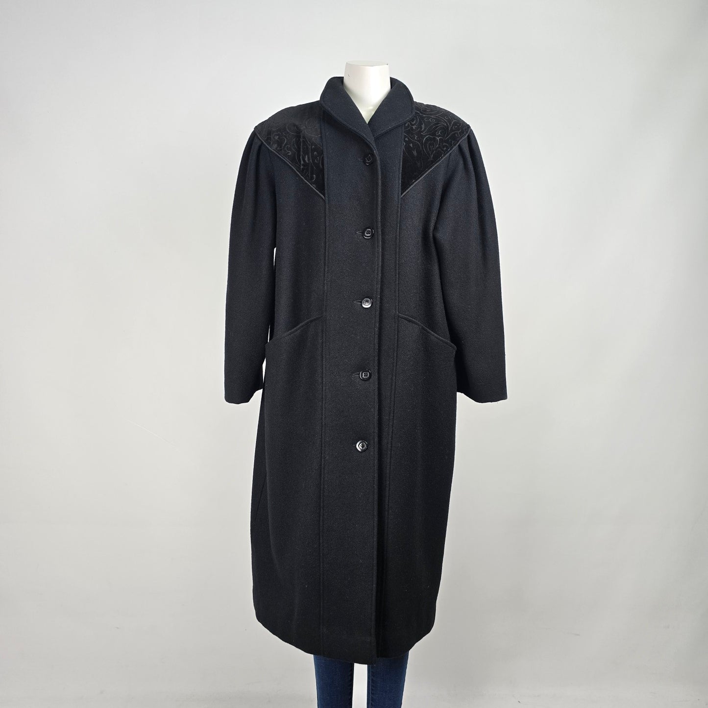 Vintage Black Wool Velvet Detail Button Up Pea Coat Size XL