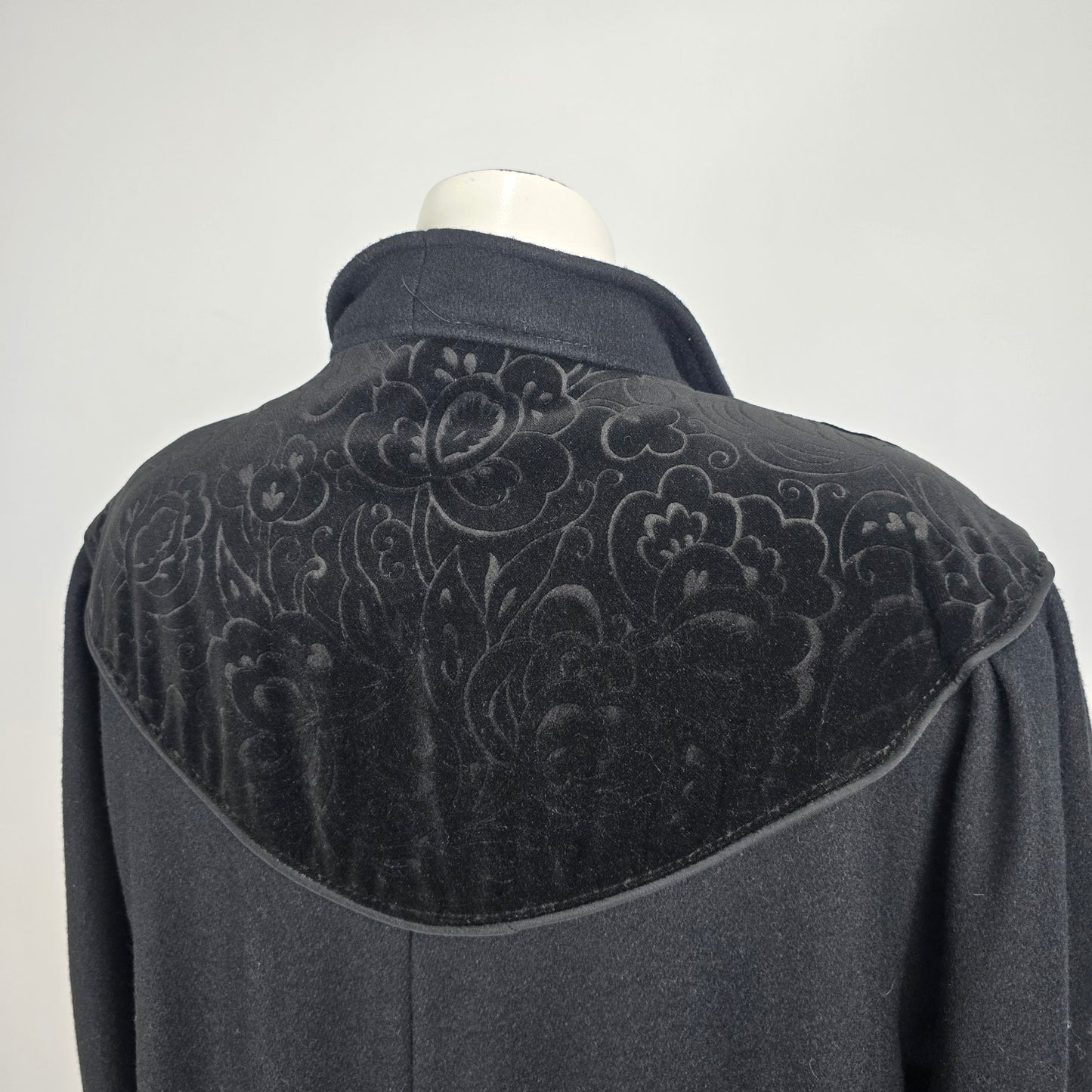 Vintage Black Wool Velvet Detail Button Up Pea Coat Size XL