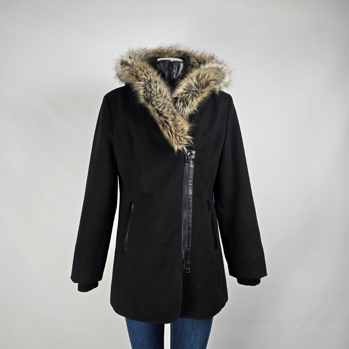 Attitude Black Fur Trimmed Black Hooded Jacket Size 10
