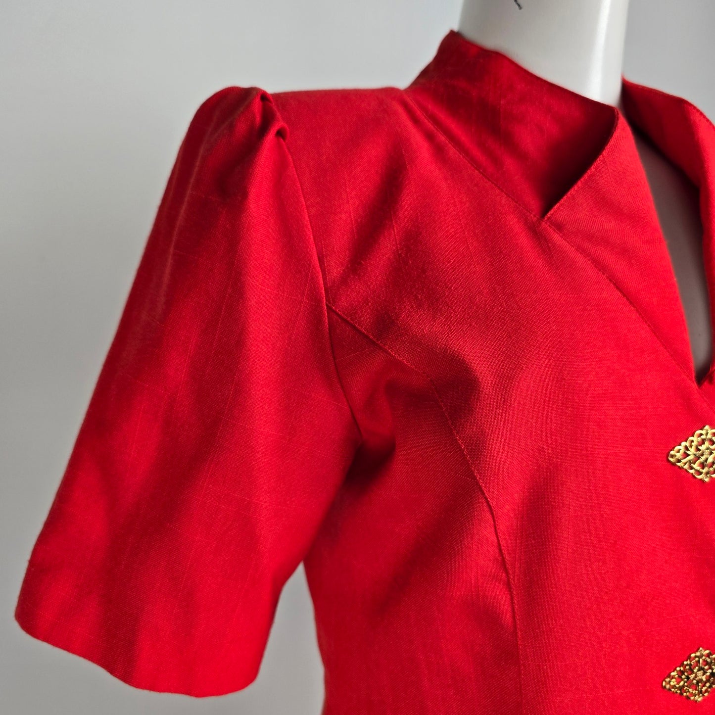 Vintage Piaf Red Gold Button Front Sheath Dress Size M
