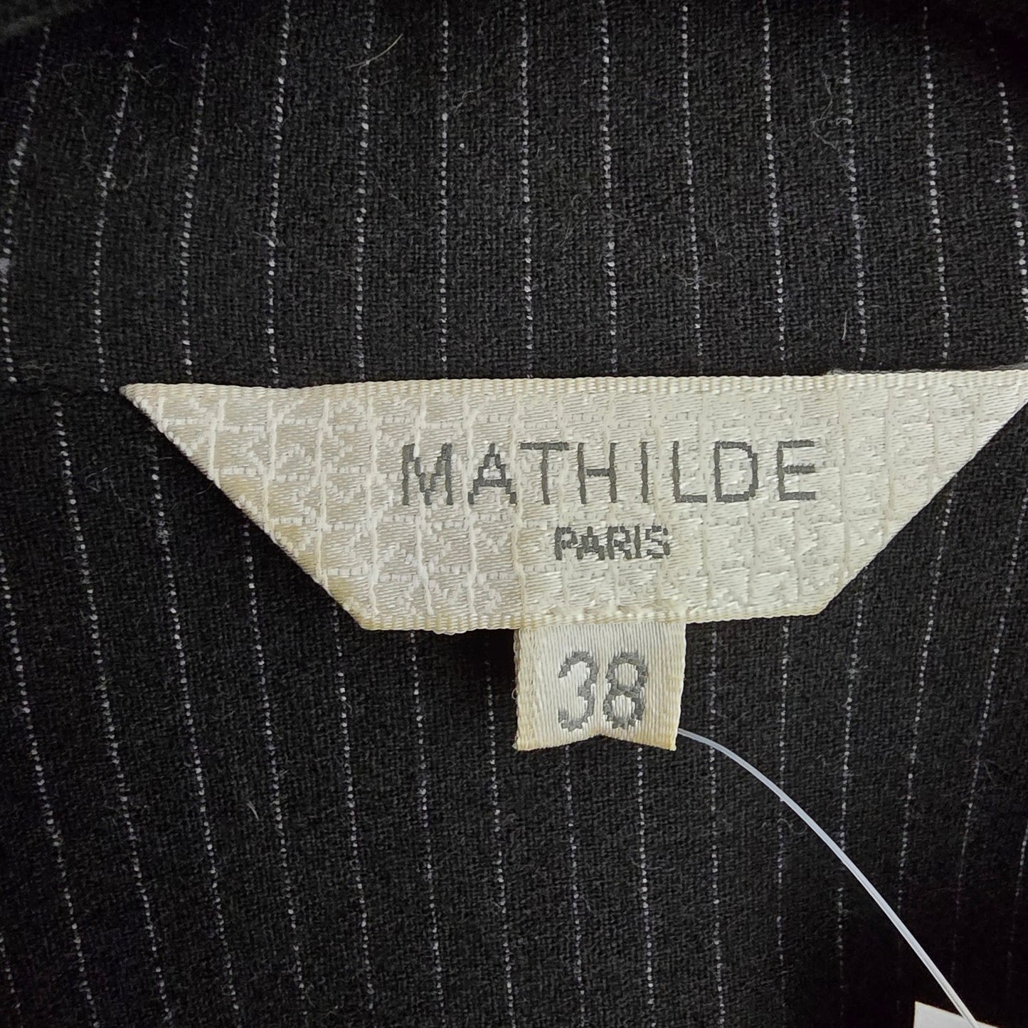 Vintage Mathilde Paris Black Pin Stripe Leather Accents Skirt & Blazer Suit Size 8