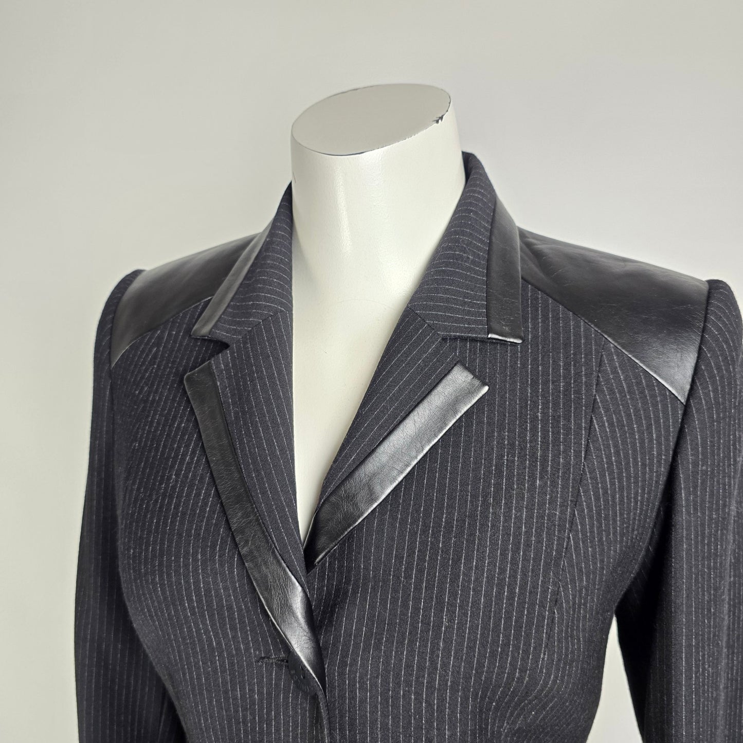 Vintage Mathilde Paris Black Pin Stripe Leather Accents Skirt & Blazer Suit Size 8