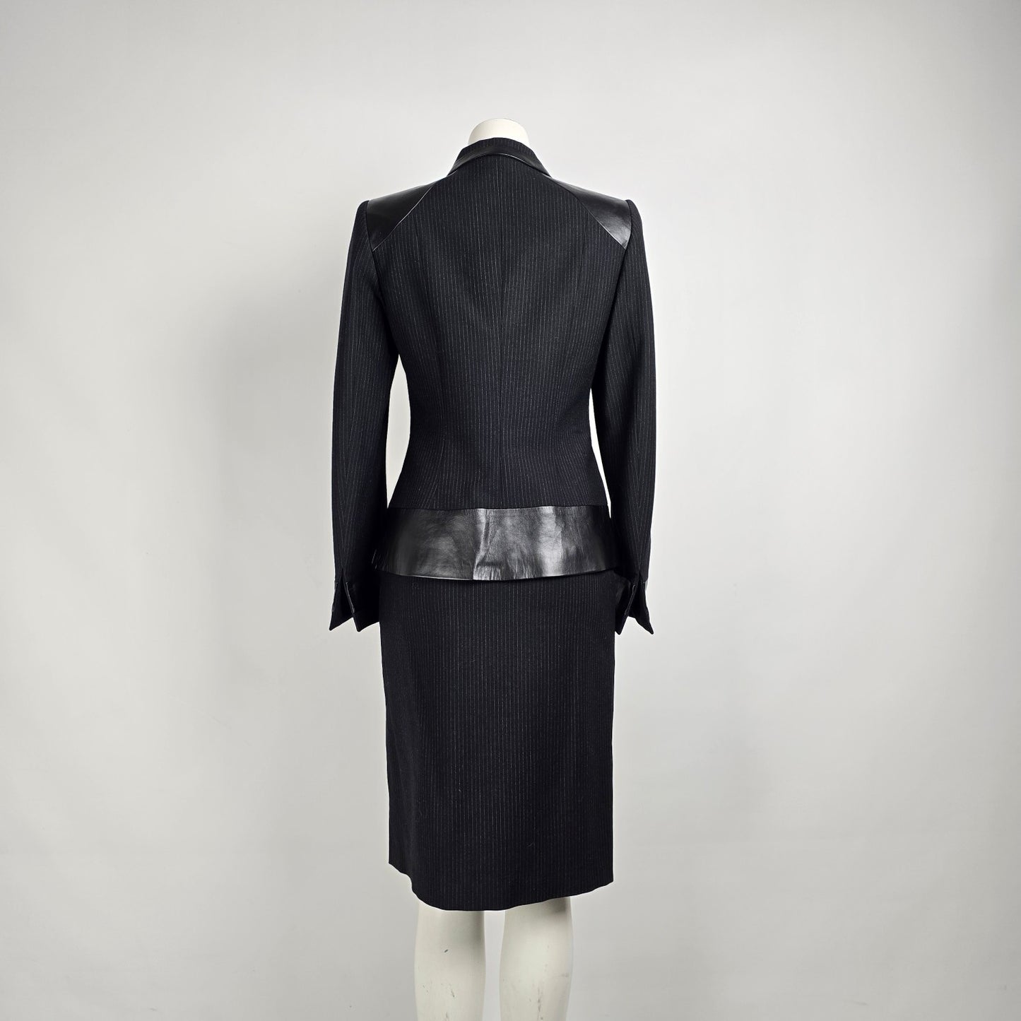 Vintage Mathilde Paris Black Pin Stripe Leather Accents Skirt & Blazer Suit Size 8