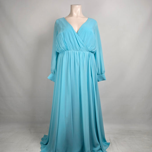 Gather & Gown Blue Long Flowey Sleeve Wrap Gown Size 28 Style Faith