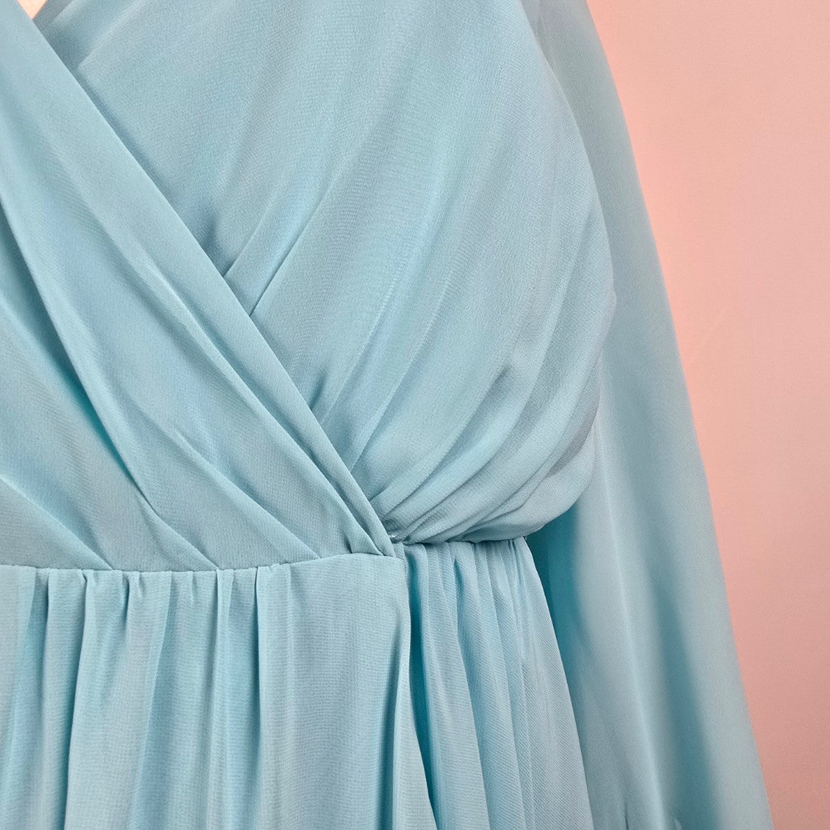 Gather & Gown Blue Long Flowey Sleeve Wrap Gown Size 28 Style Faith