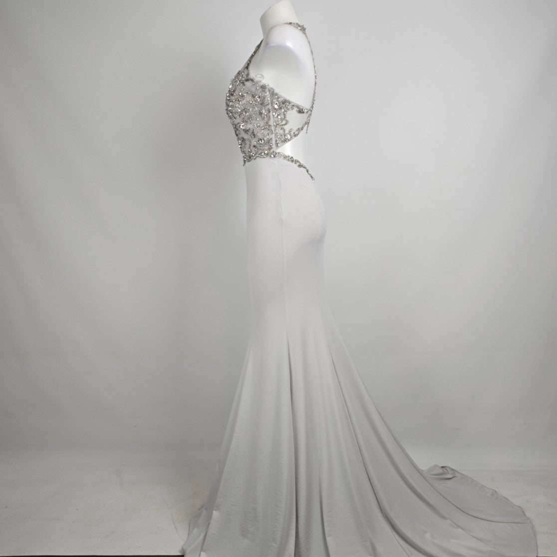 Angela & Alison Silver Crystal Bodice Long Eventwear Gown Size 4