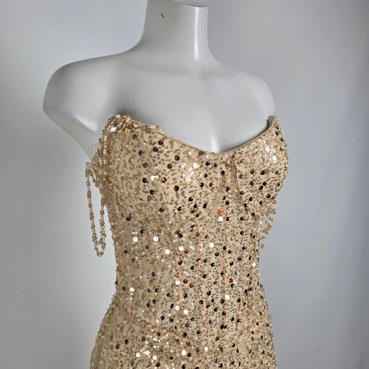 Morilee Gold & Pearl Drop Beaded Sleeve Gown Size 10 Style 49146