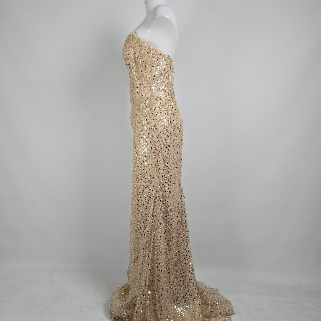 Morilee Gold & Pearl Drop Beaded Sleeve Gown Size 10 Style 49146