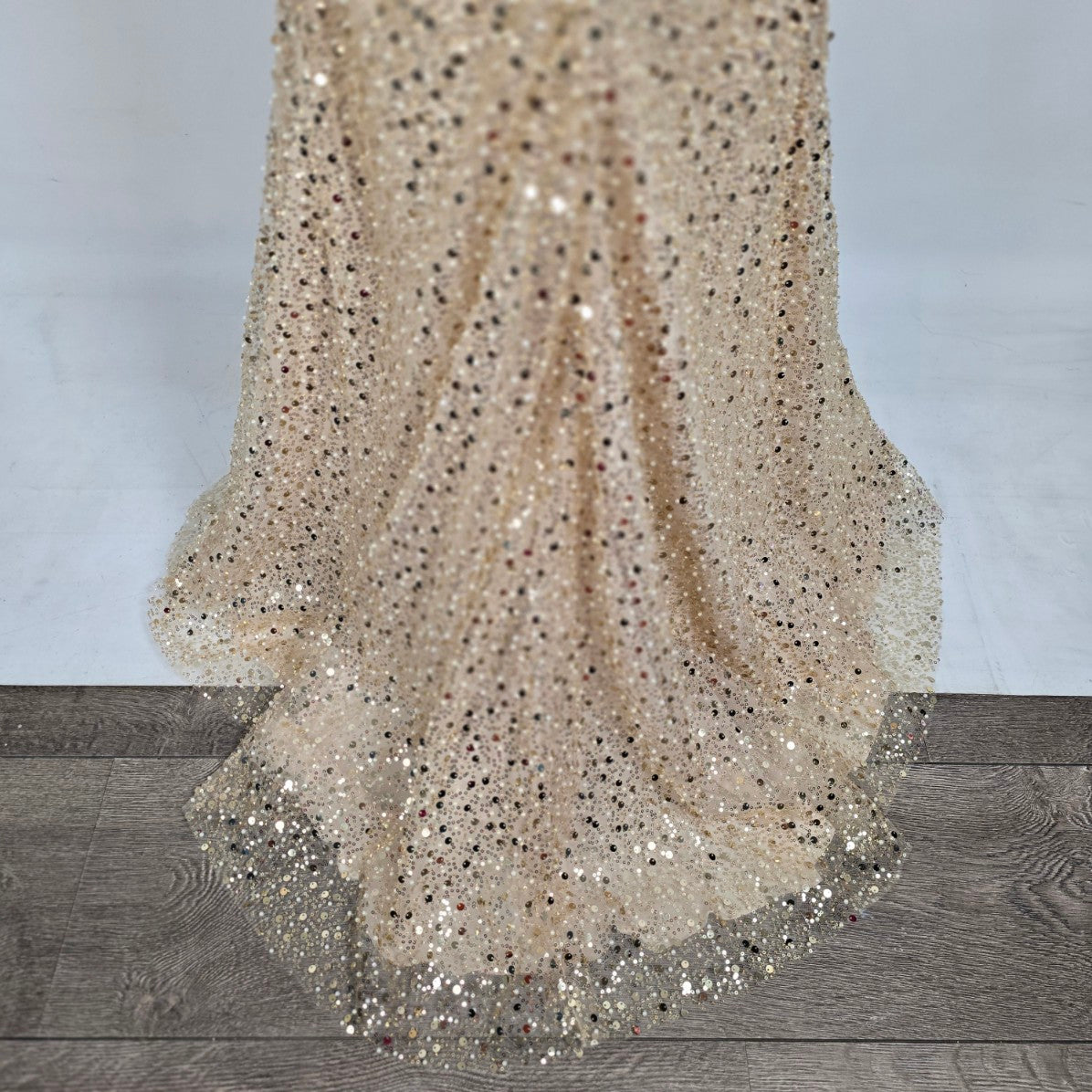 Morilee Gold & Pearl Drop Beaded Sleeve Gown Size 10 Style 49146