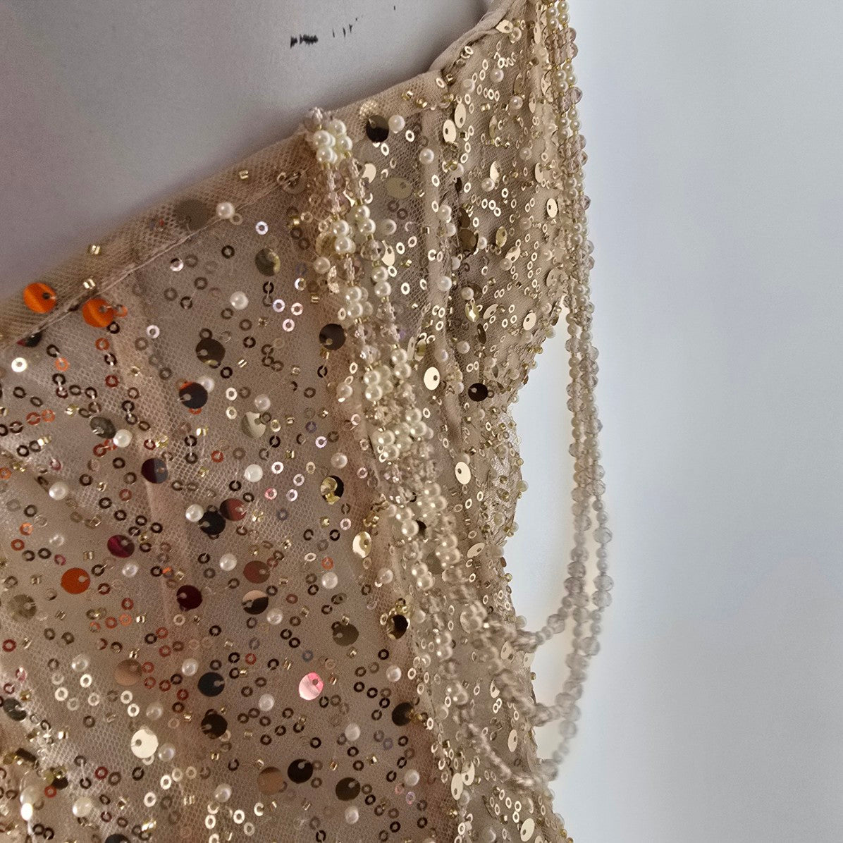 Morilee Gold & Pearl Drop Beaded Sleeve Gown Size 10 Style 49146