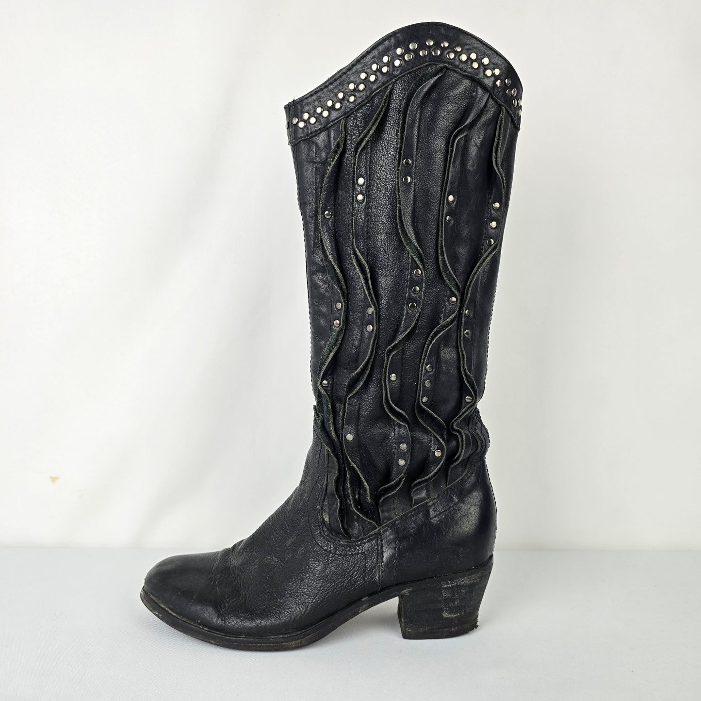 Sheridan Mia Anthropologie Black Leather Studded Cowboy Boots Size 9