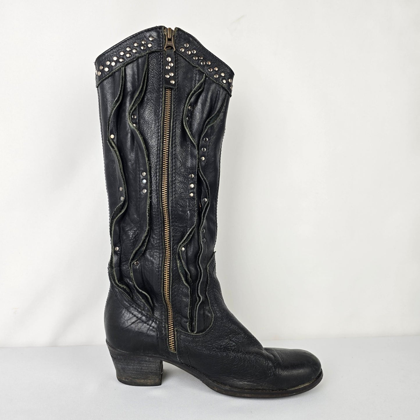 Sheridan Mia Anthropologie Black Leather Studded Cowboy Boots Size 9