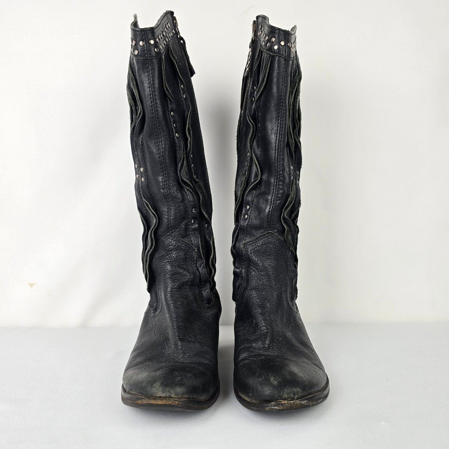 Sheridan Mia Anthropologie Black Leather Studded Cowboy Boots Size 9