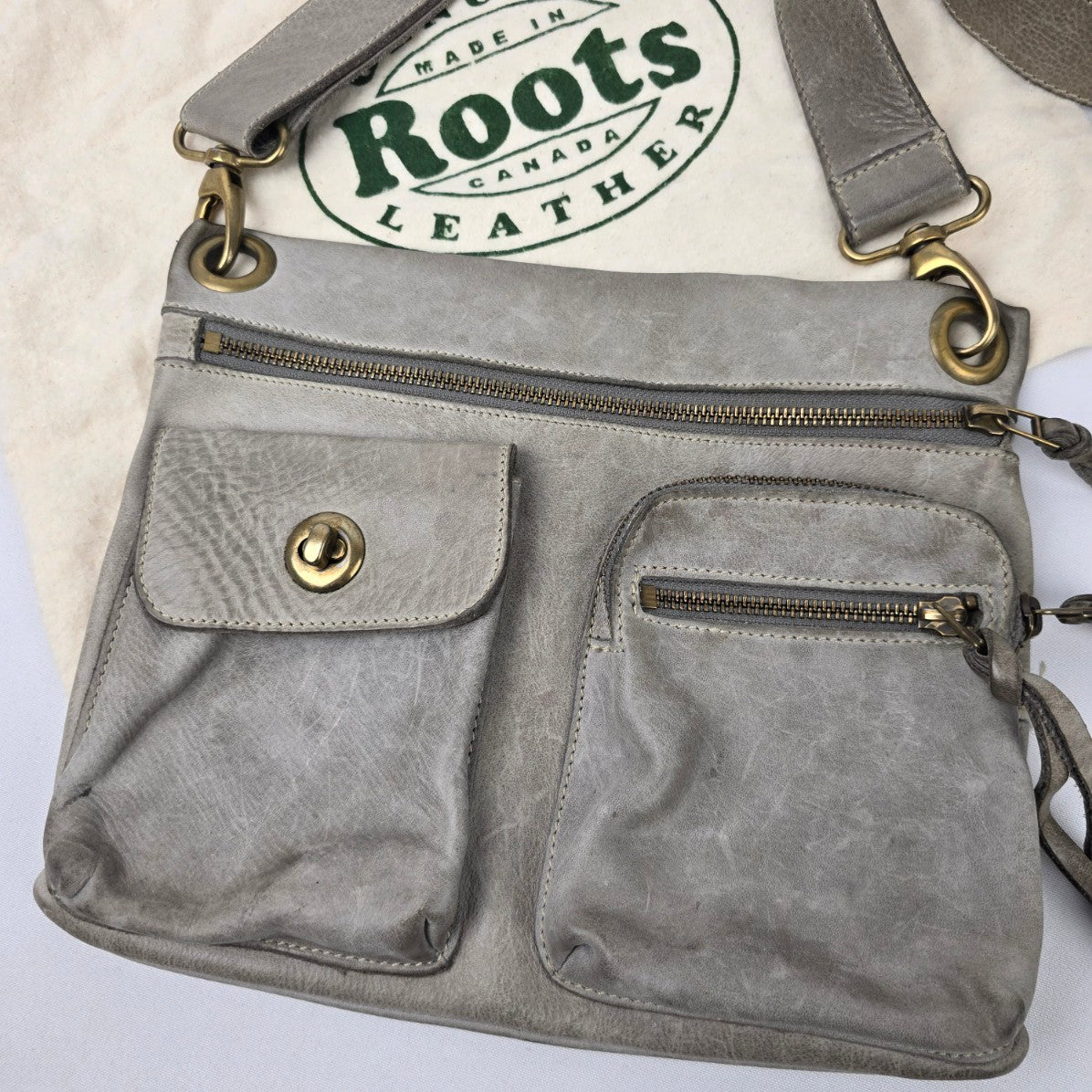 Roots Grey Leather Crossbody Purse