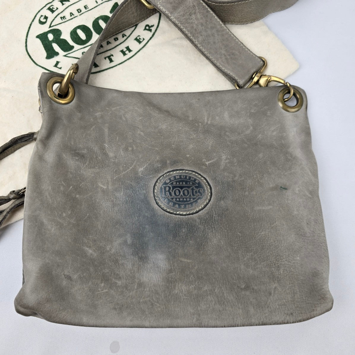 Roots Grey Leather Crossbody Purse