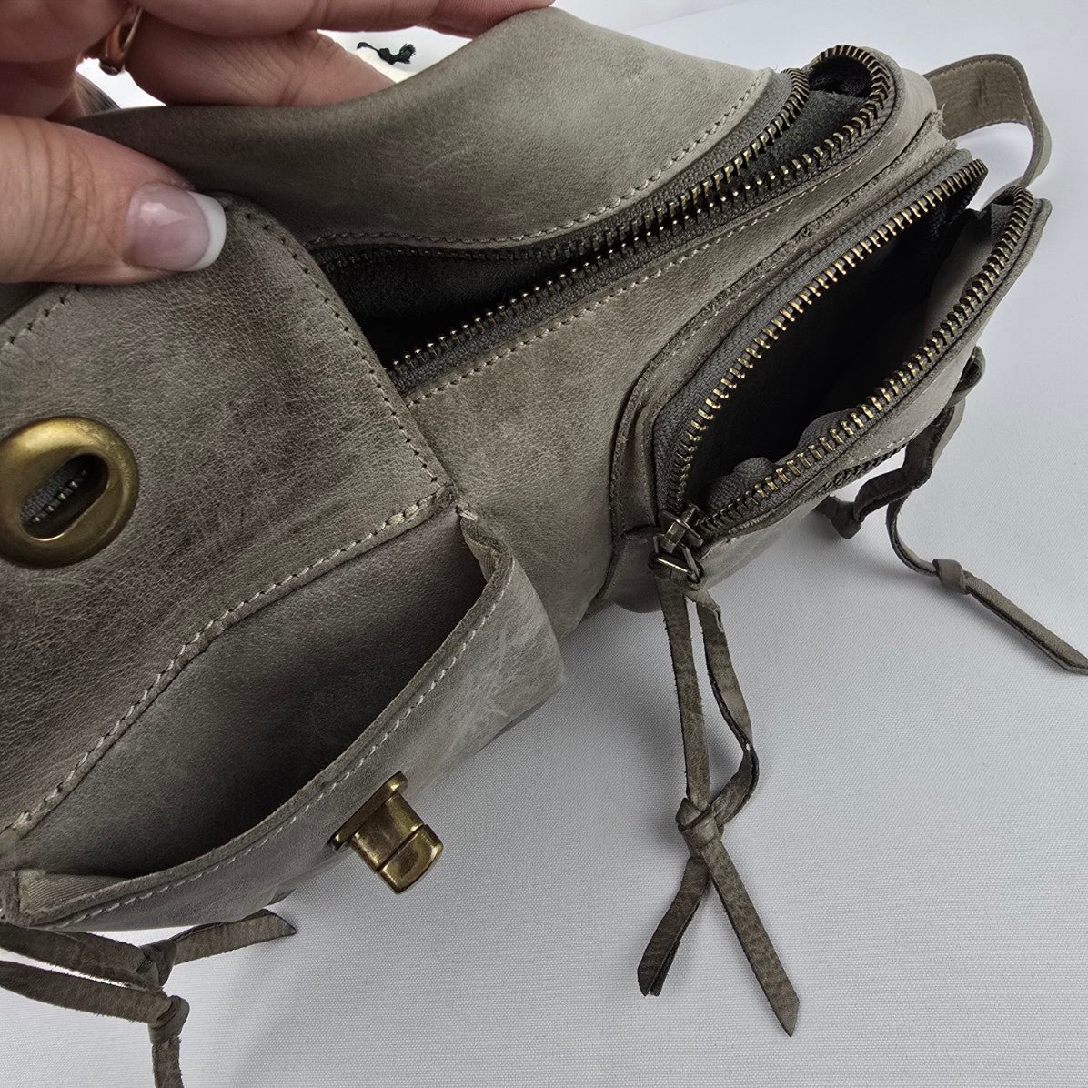Roots Grey Leather Crossbody Purse