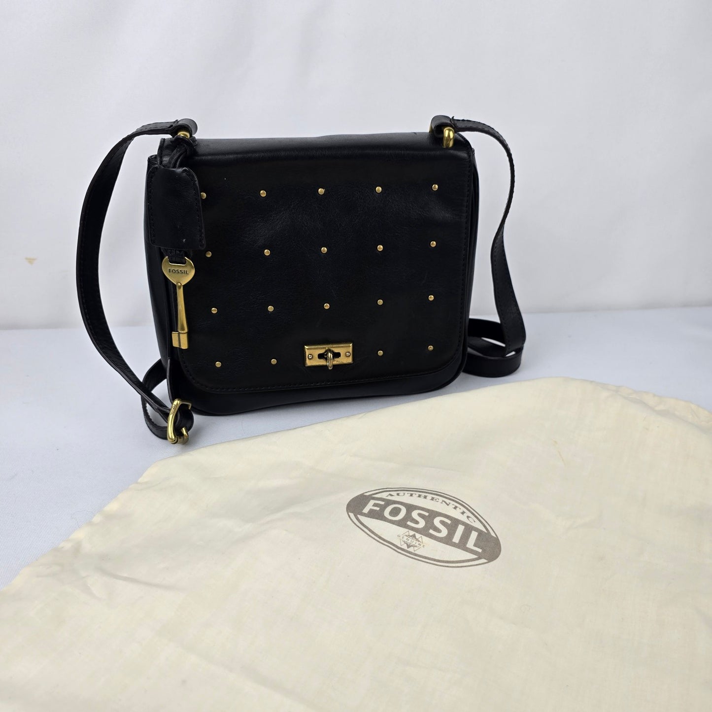 Fossil Black & Gold Leather Crossbody Purse