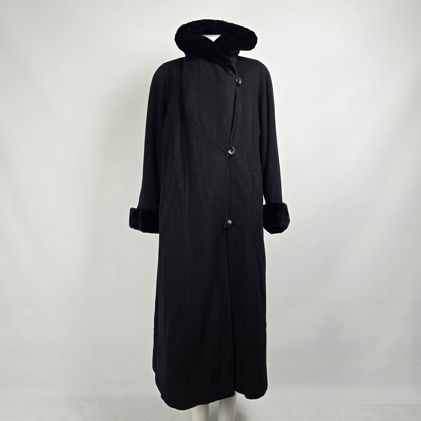 Vintage Black Wool & Cashmere Long Hooded Jacket Size L/XL