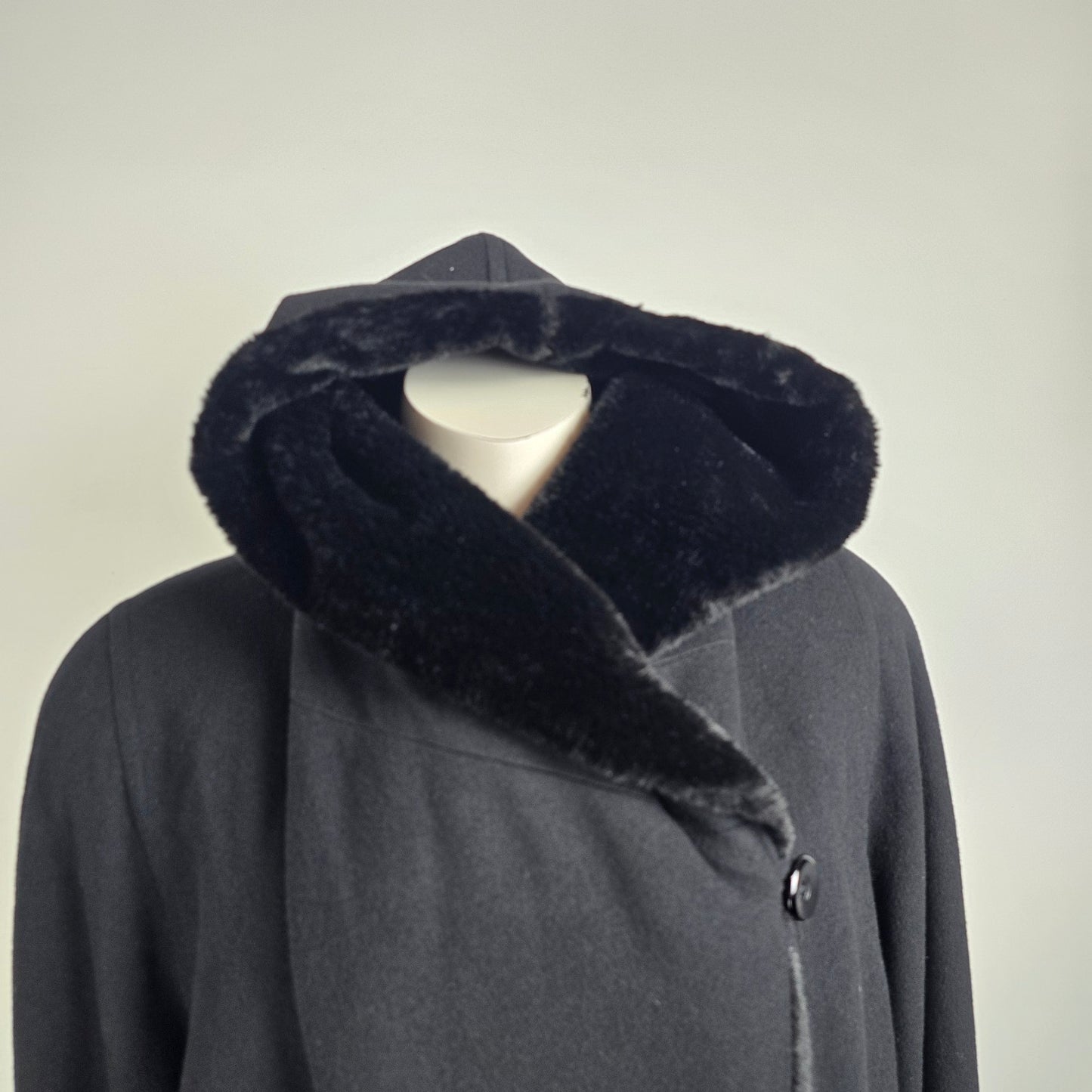 Vintage Black Wool & Cashmere Long Hooded Jacket Size L/XL