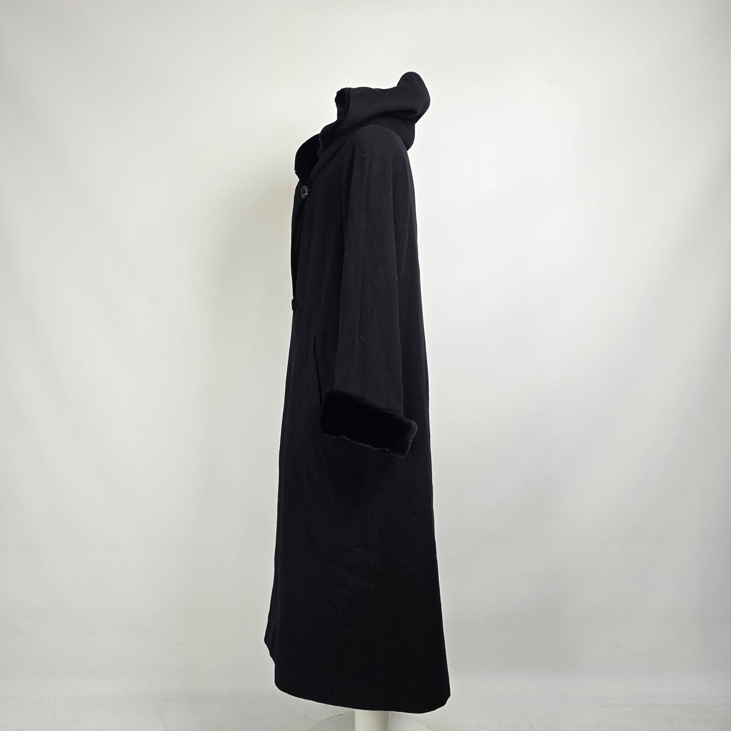 Vintage Black Wool & Cashmere Long Hooded Jacket Size L/XL