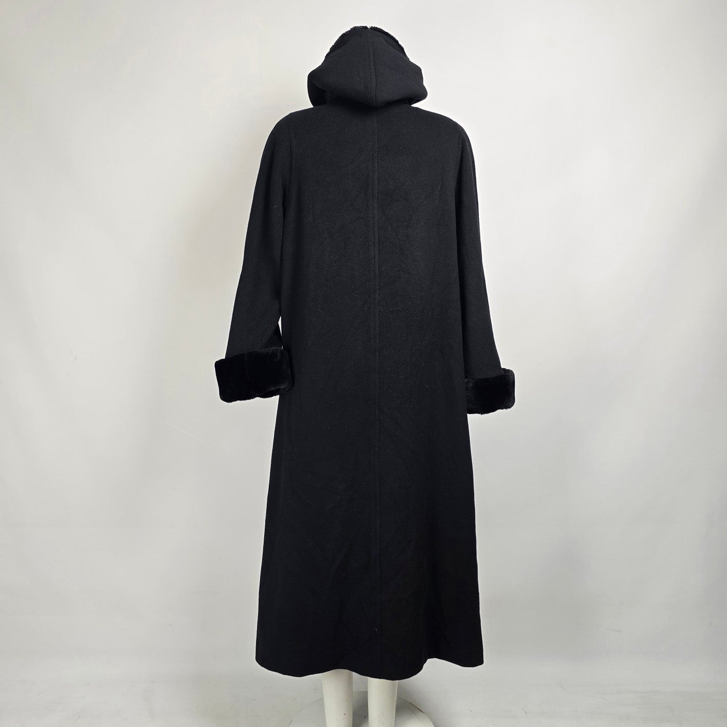 Vintage Black Wool & Cashmere Long Hooded Jacket Size L/XL