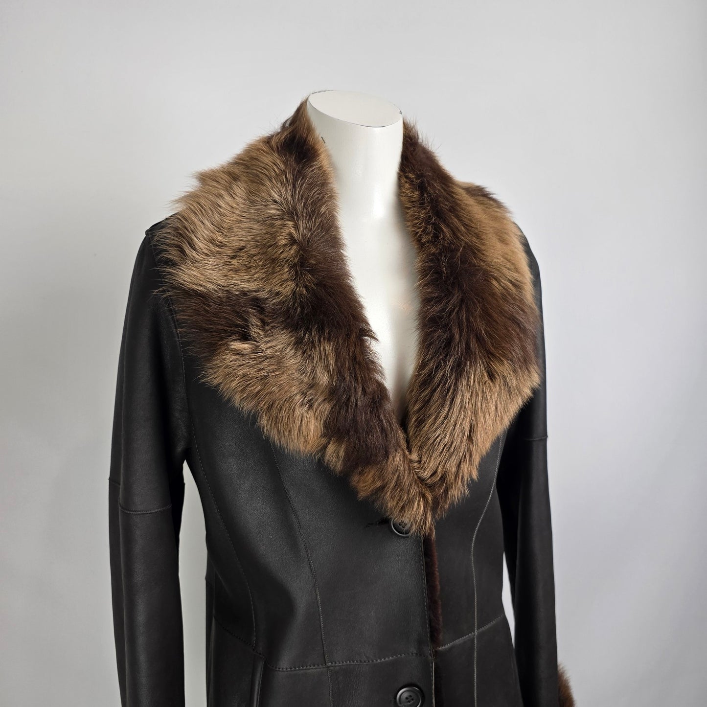 Danier Black Sheepskin Fur Trimmed Long Coat Size XS
