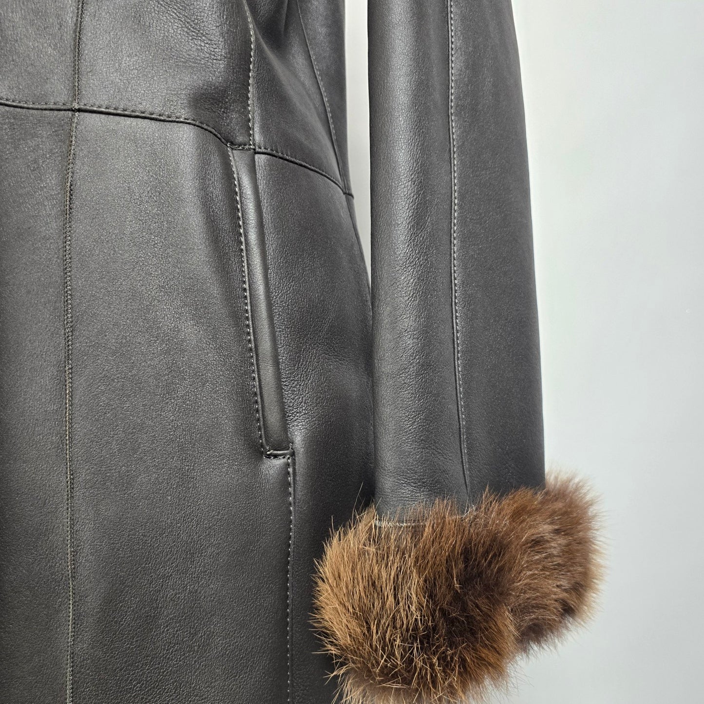 Danier Black Sheepskin Fur Trimmed Long Coat Size XS