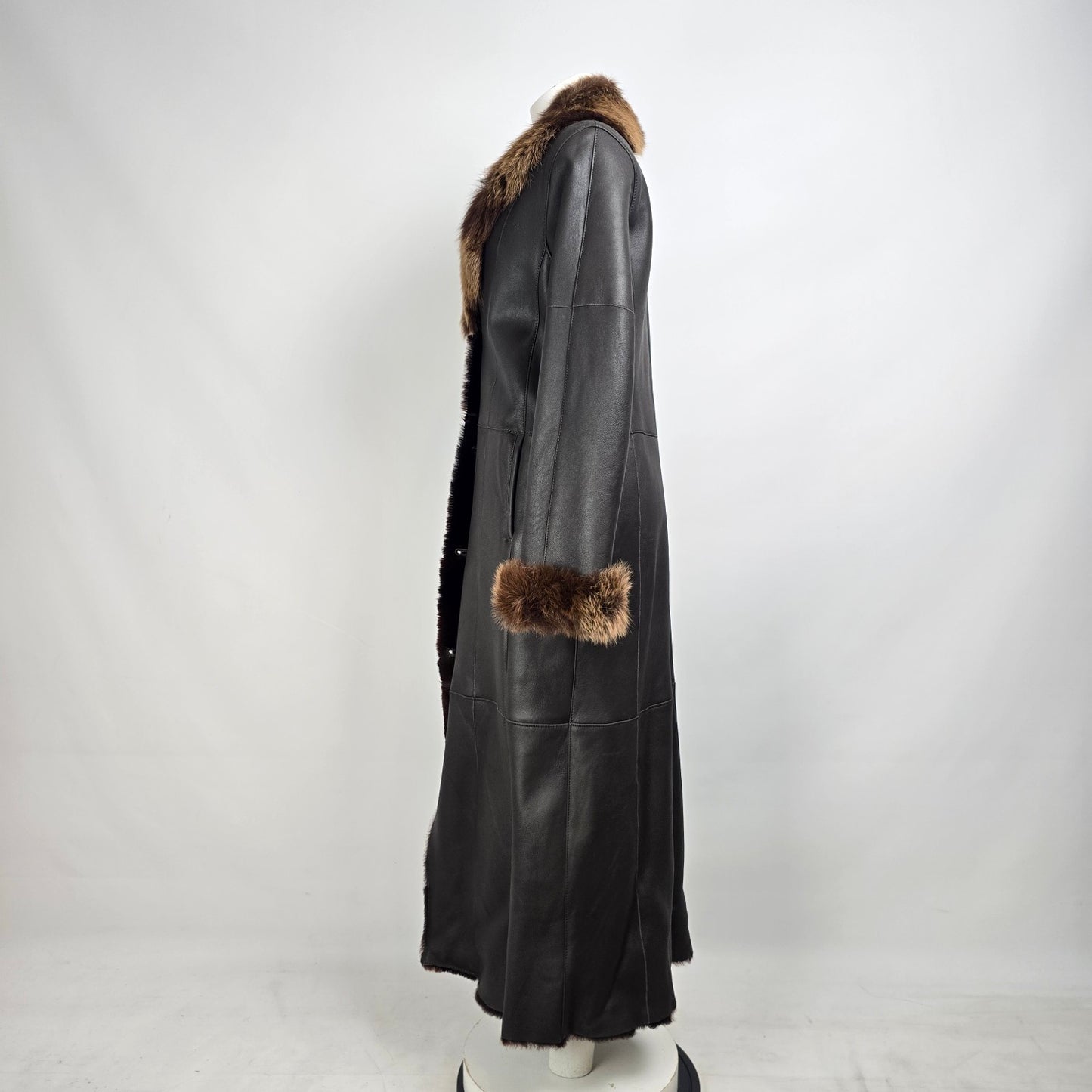 Danier Black Sheepskin Fur Trimmed Long Coat Size XS
