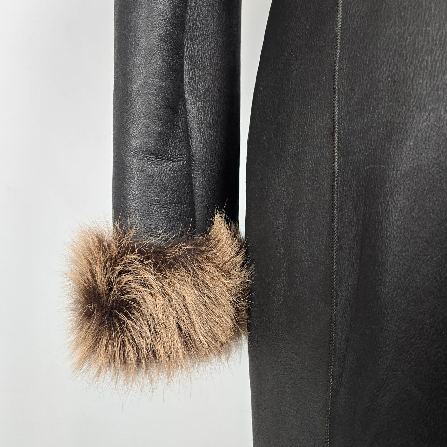 Danier Black Sheepskin Fur Trimmed Long Coat Size XS