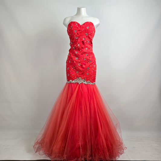 Blush Prom Red Beaded Floral Lace Mermaid Tulle Grad Gown Size 8