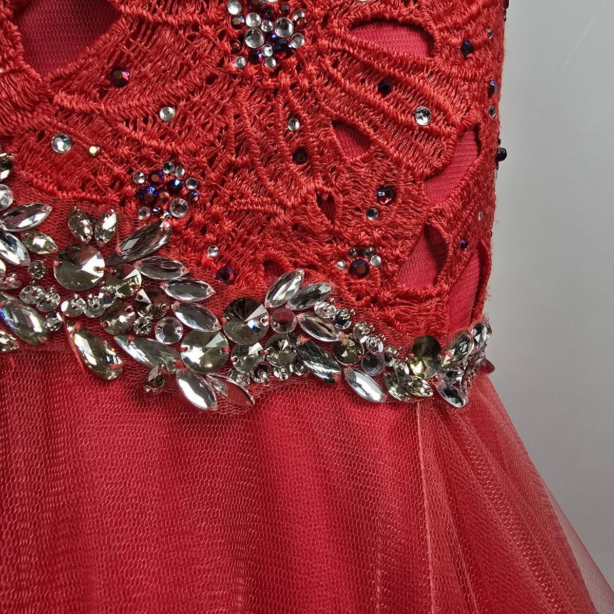 Blush Prom Red Beaded Floral Lace Mermaid Tulle Grad Gown Size 8