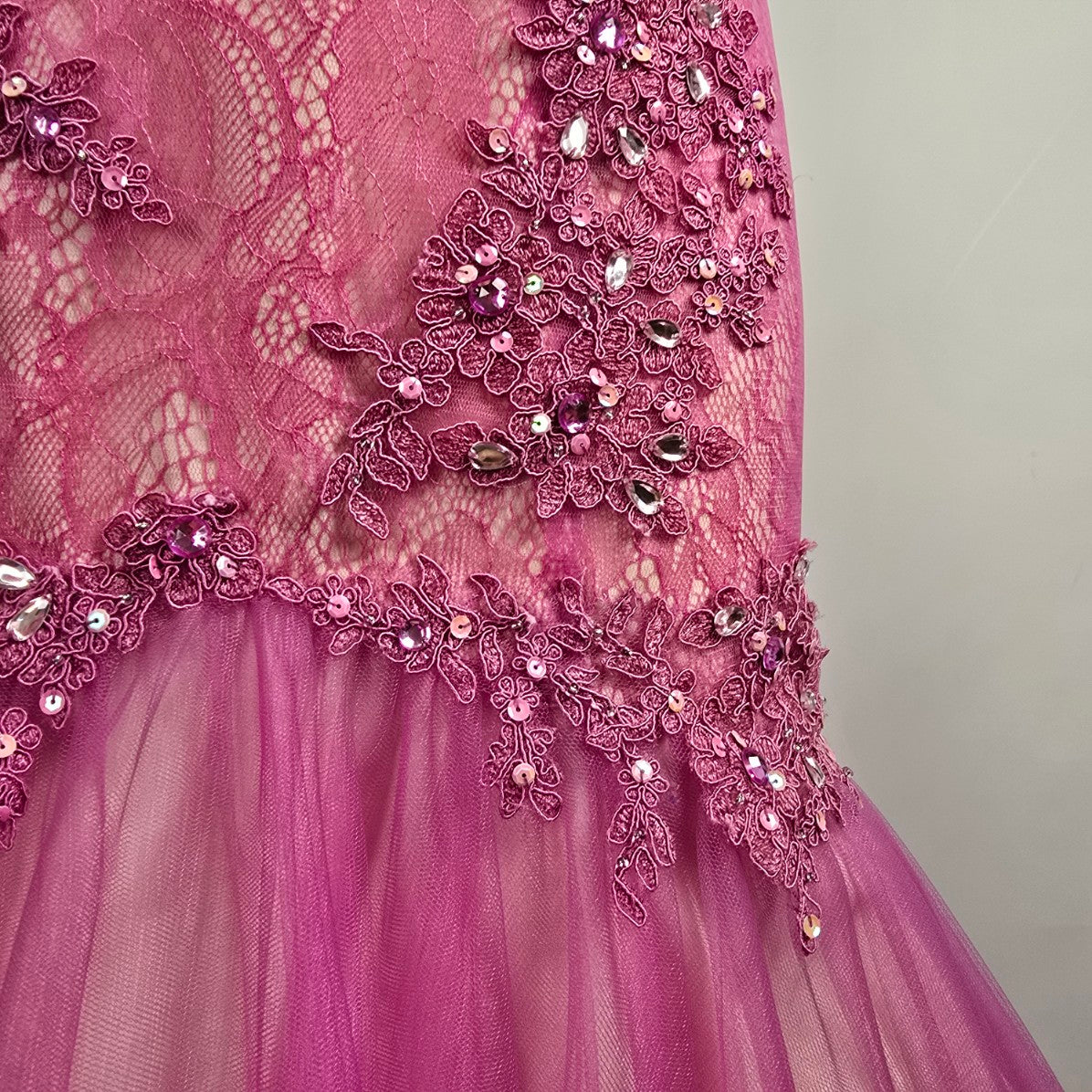 Blush Prom Pink Beaded Floral Lace Mermaid Tulle Grad Gown Size 6