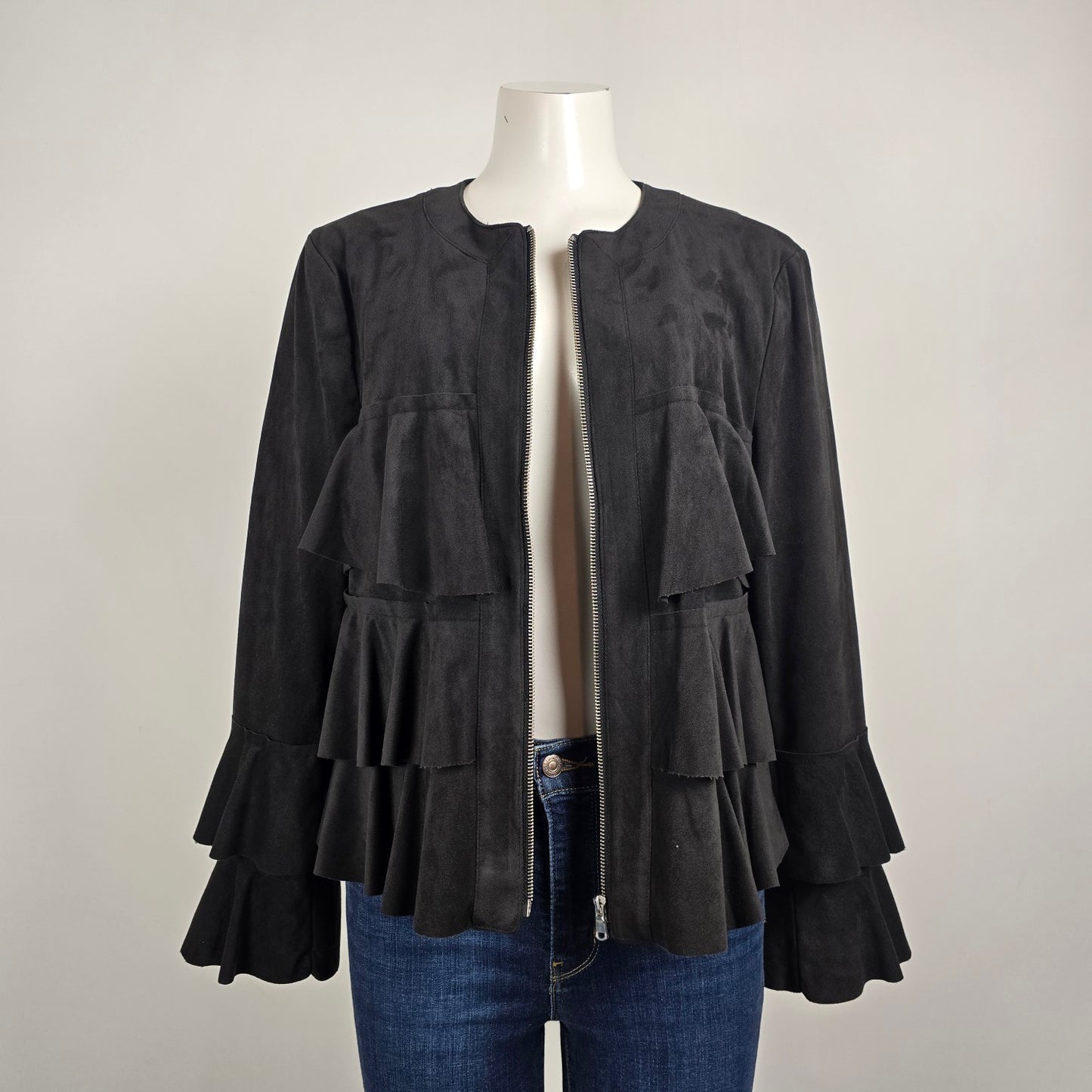 INC Black Ruffle Detail Light Jacket Blazer Size L