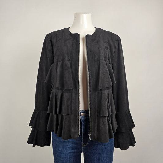 INC Black Ruffle Detail Light Jacket Blazer Size L