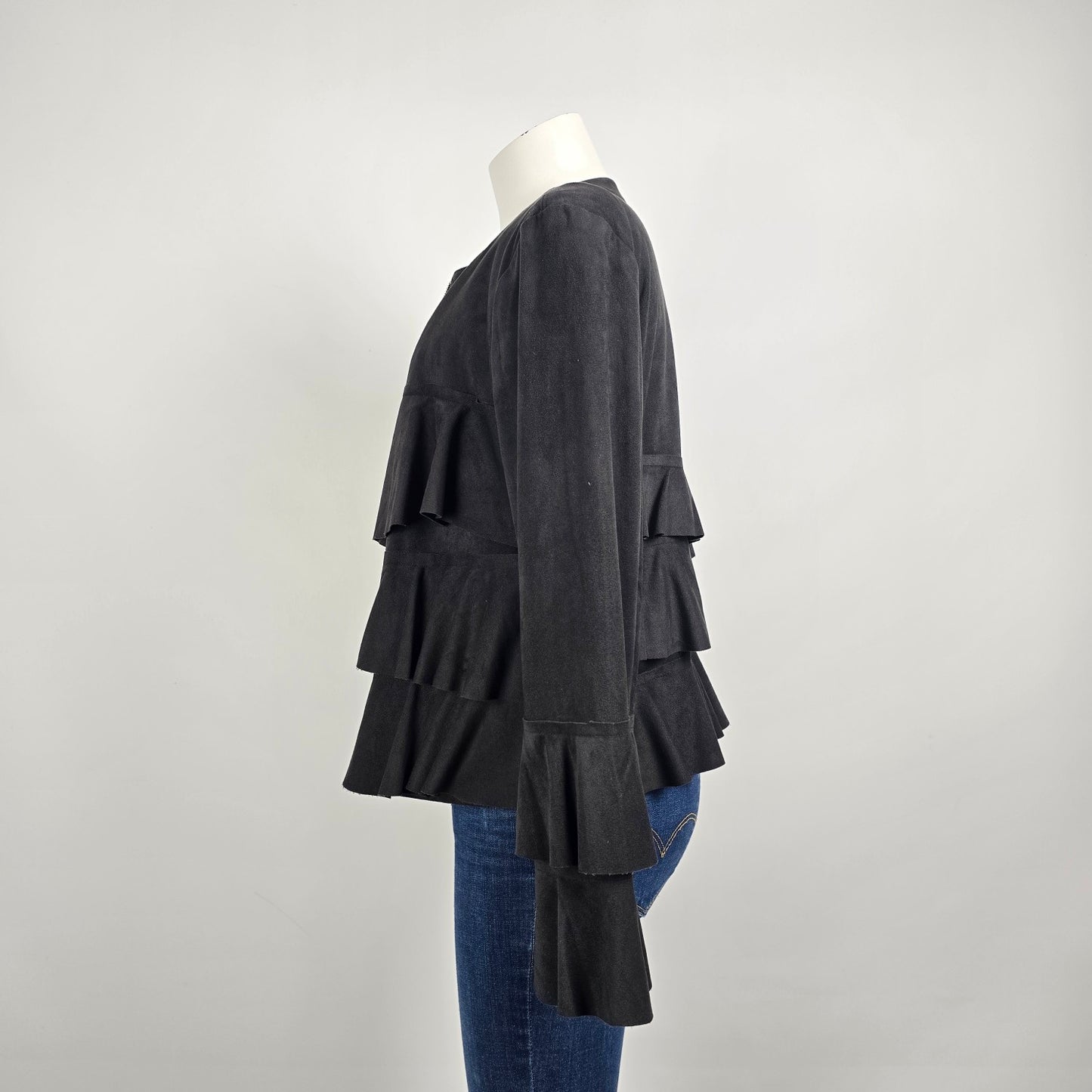 INC Black Ruffle Detail Light Jacket Blazer Size L
