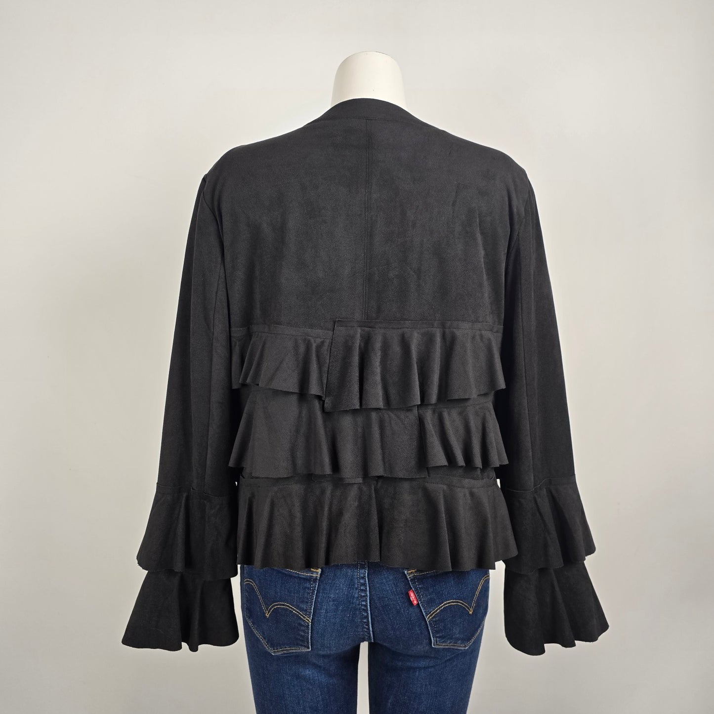INC Black Ruffle Detail Light Jacket Blazer Size L