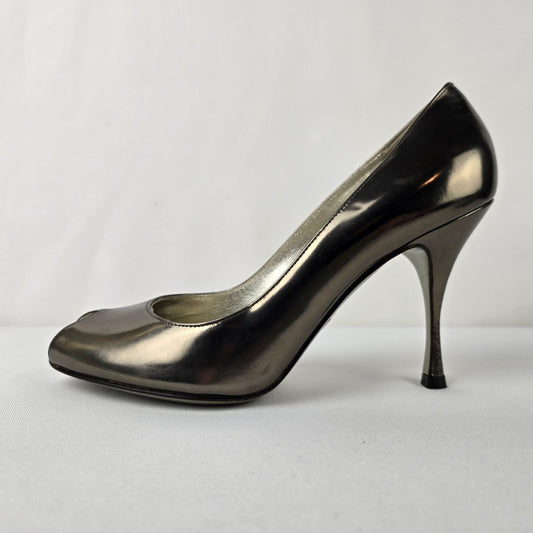 Dolce & Gabbana Italy Pewter Metallic Leather Open Toe Heels Size 7.5