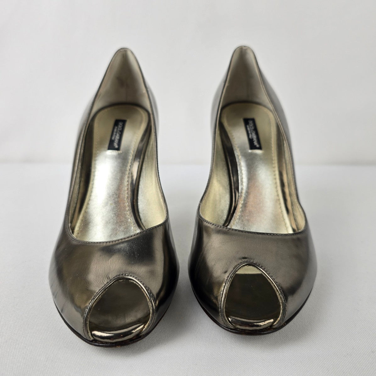 Dolce & Gabbana Italy Pewter Metallic Leather Open Toe Heels Size 7.5