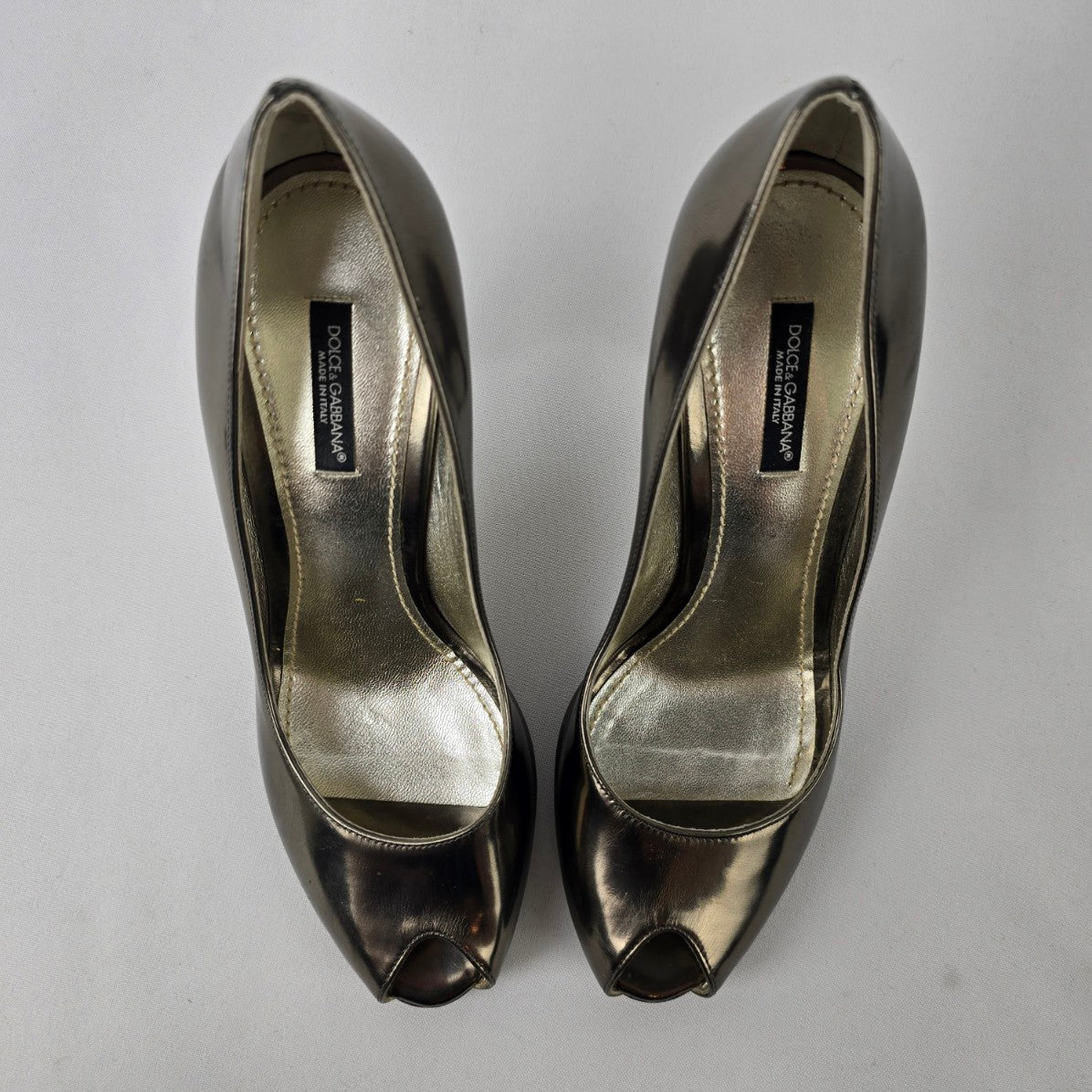 Dolce & Gabbana Italy Pewter Metallic Leather Open Toe Heels Size 7.5