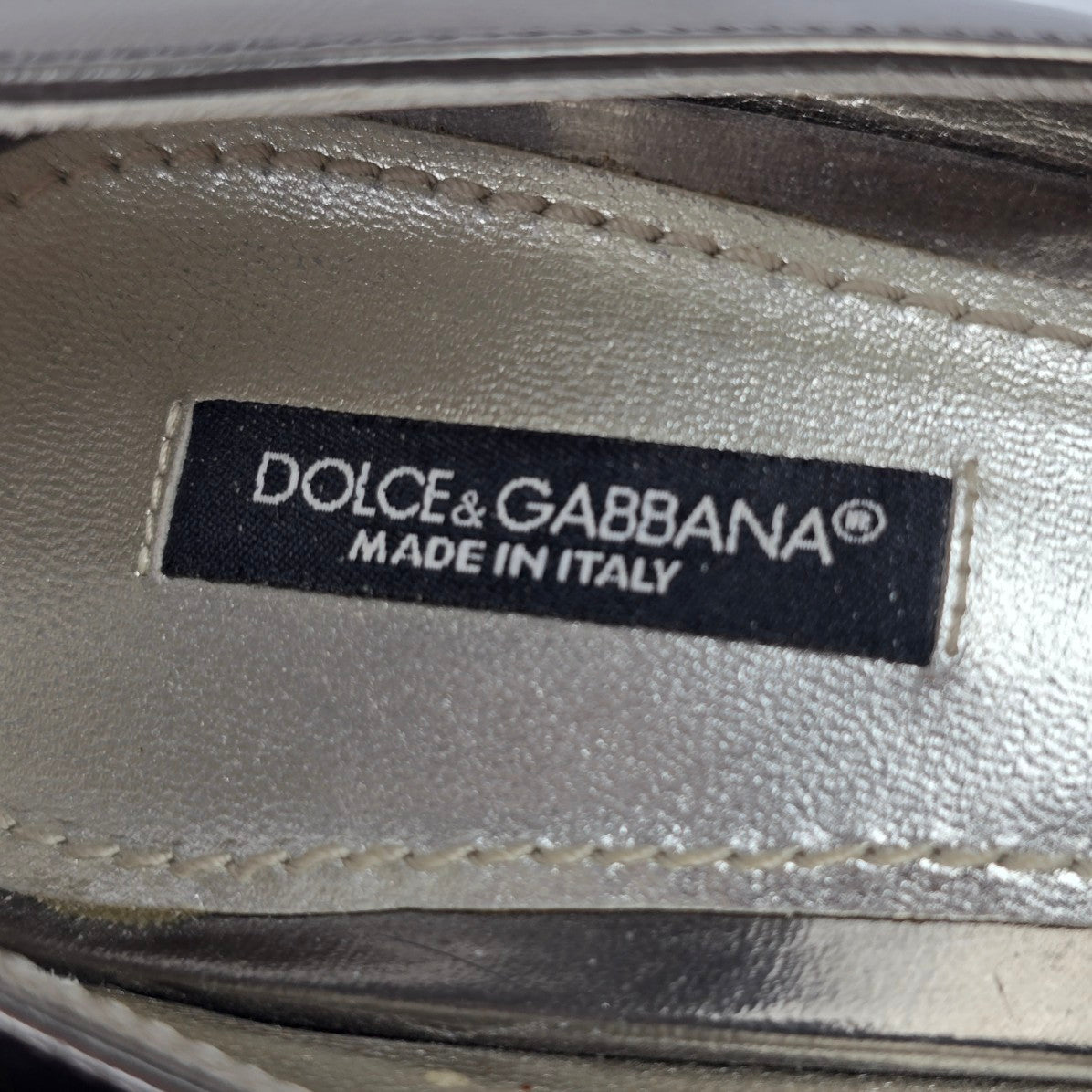 Dolce & Gabbana Italy Pewter Metallic Leather Open Toe Heels Size 7.5