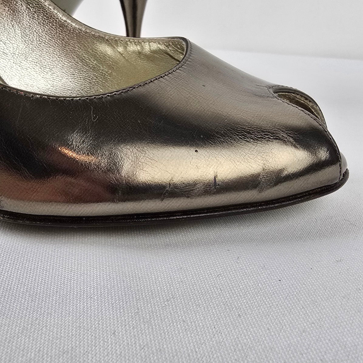 Dolce & Gabbana Italy Pewter Metallic Leather Open Toe Heels Size 7.5