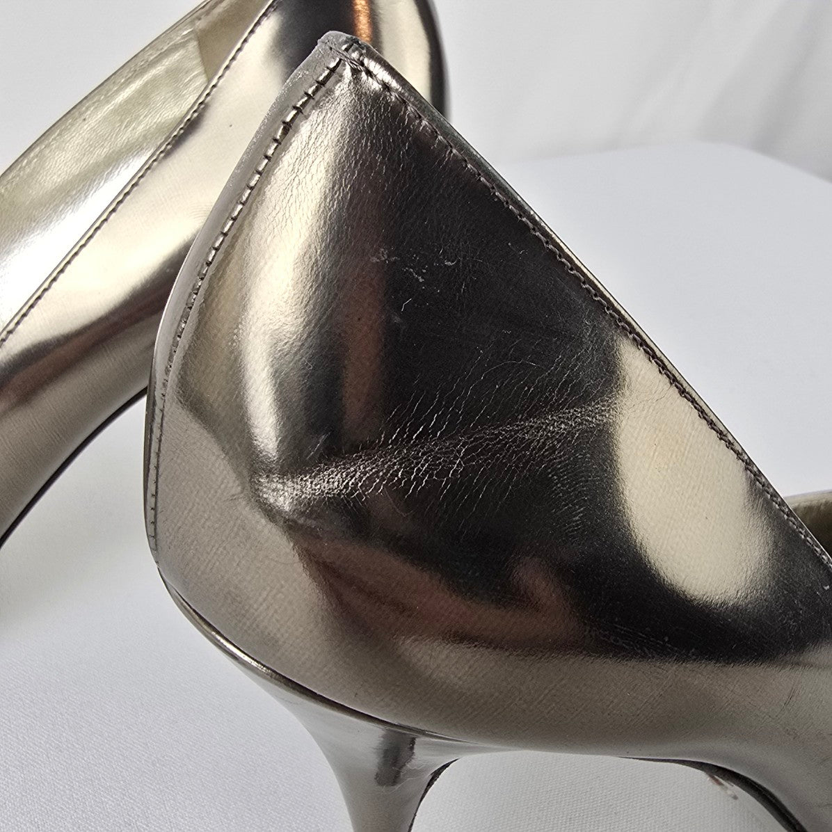 Dolce & Gabbana Italy Pewter Metallic Leather Open Toe Heels Size 7.5