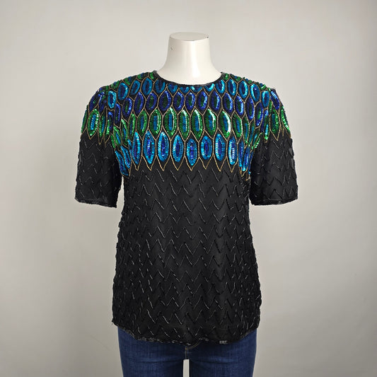 Vintage J.H. Originals Black & Blue Silk Beaded Top Blouse Size M