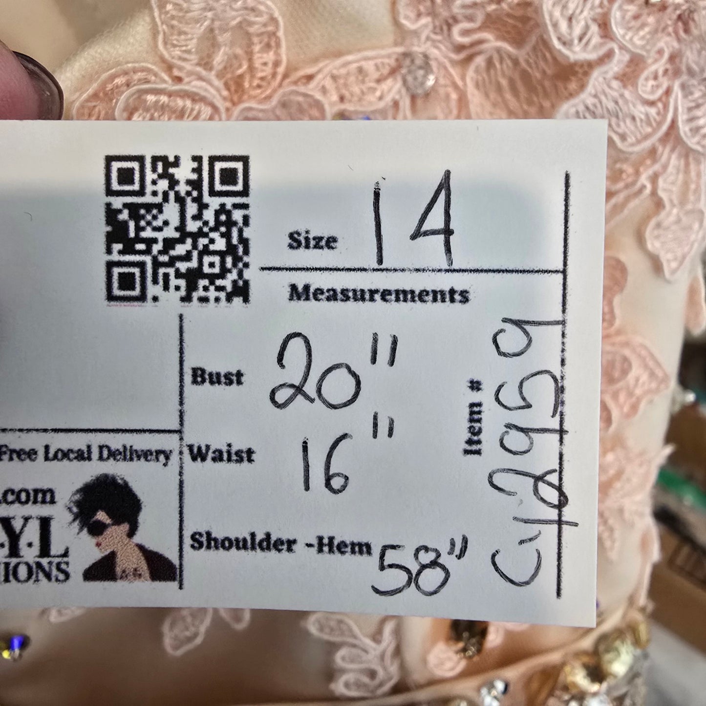 Mori Lee Soft Pink Lace Rhinestone Belt Grad Event Gown Size 14