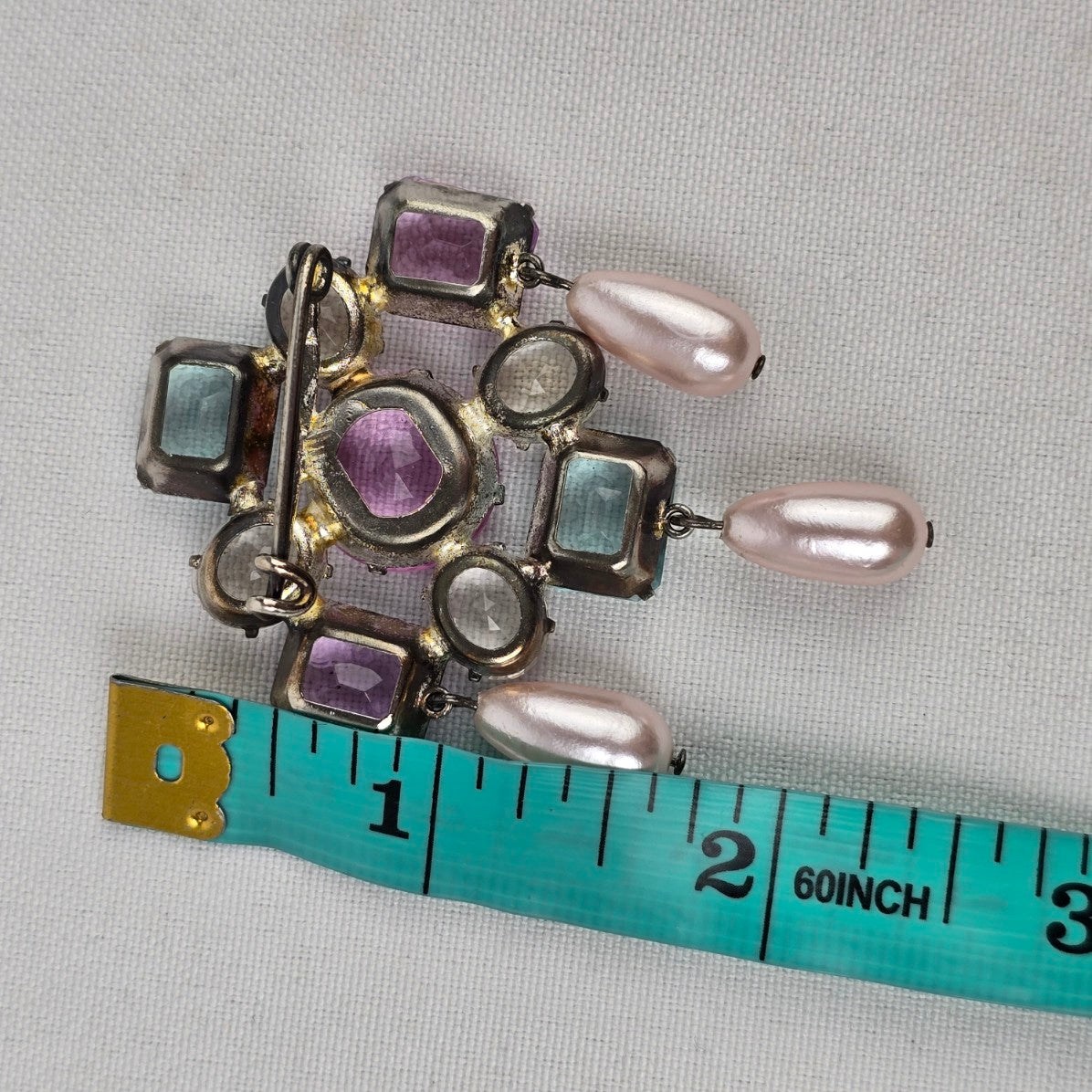 Vintage Blue & Pink Cut Glass Faux Pearl Brooch