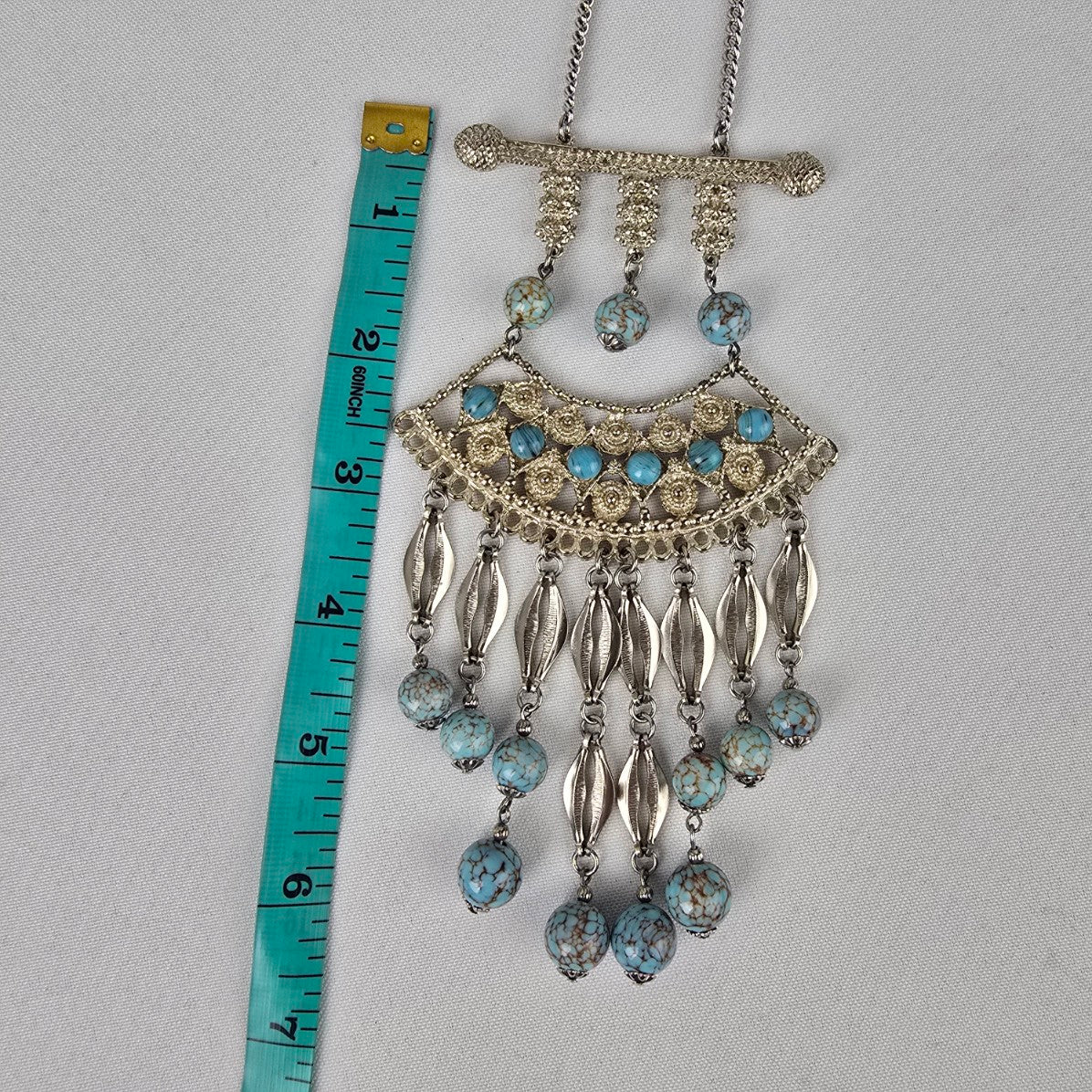 Vintage Silver & Blue Stone Statement Chandelier Necklace