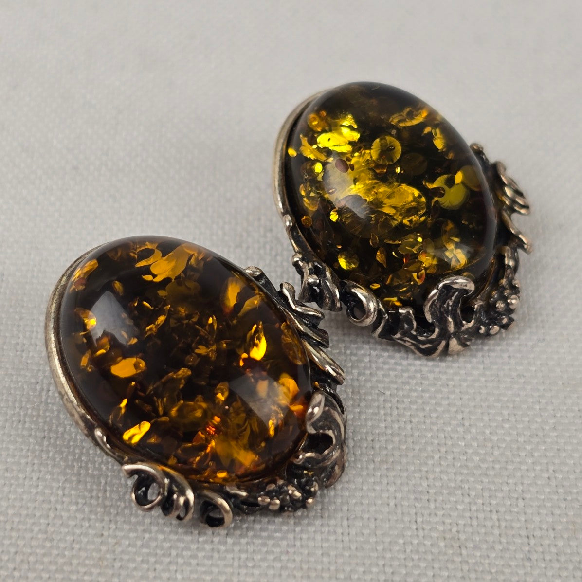 Vintage 925 Sterling Silver Amber Clip On Earrings